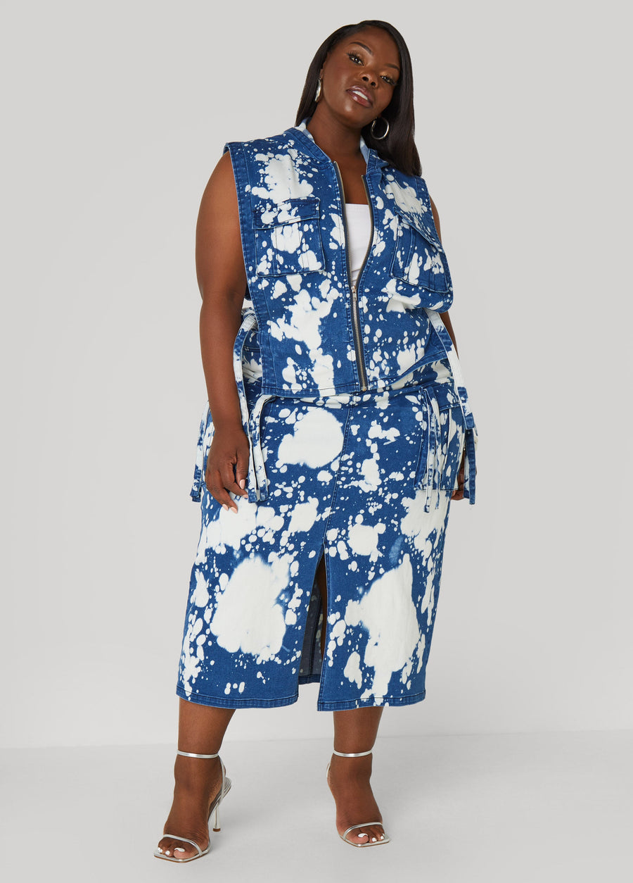 Plus Size Bleached Denim Maxi Cargo Skirt