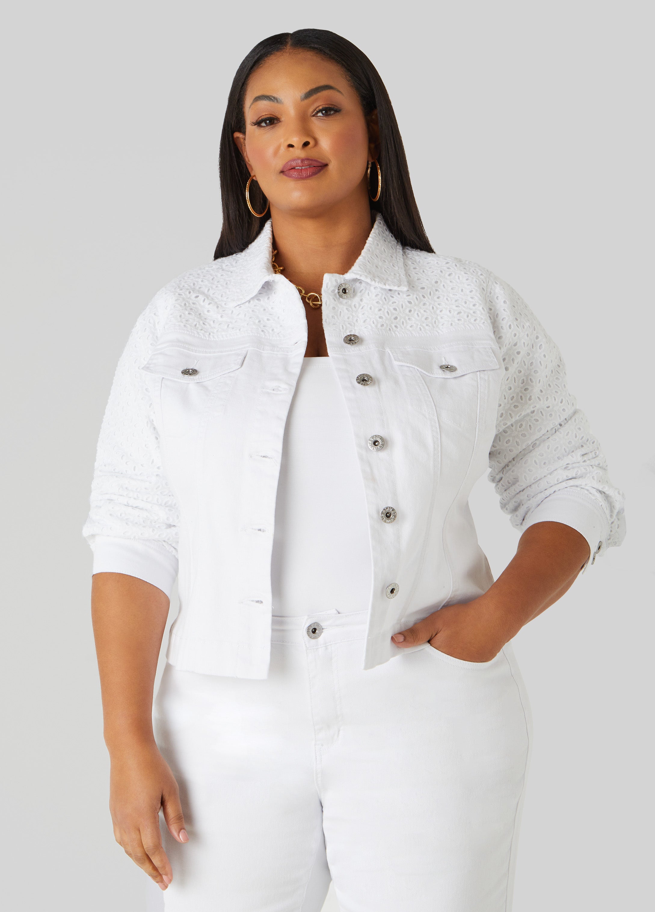 Plus Size Eyelet Paneled Denim Jacket