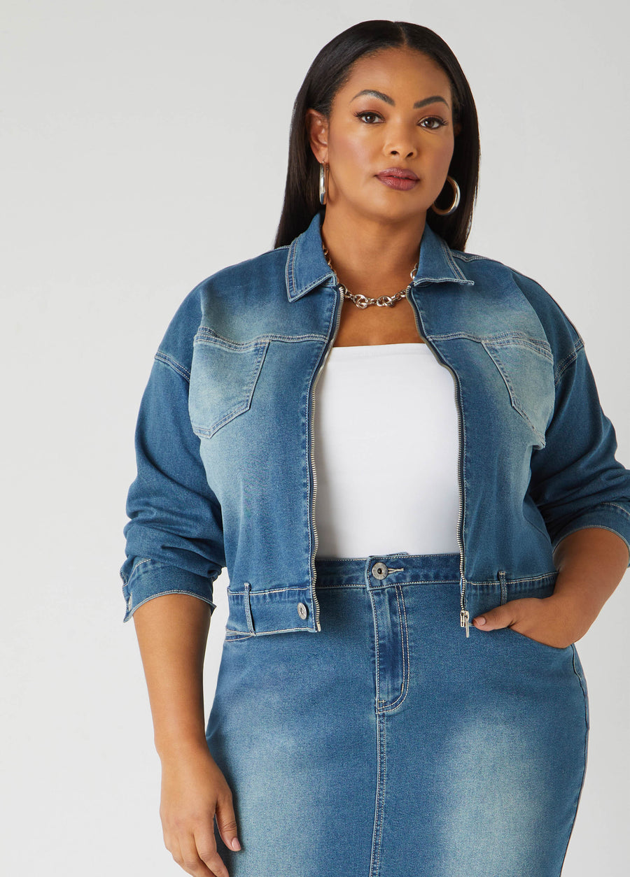Plus Size Cropped Zip Front Denim Jacket