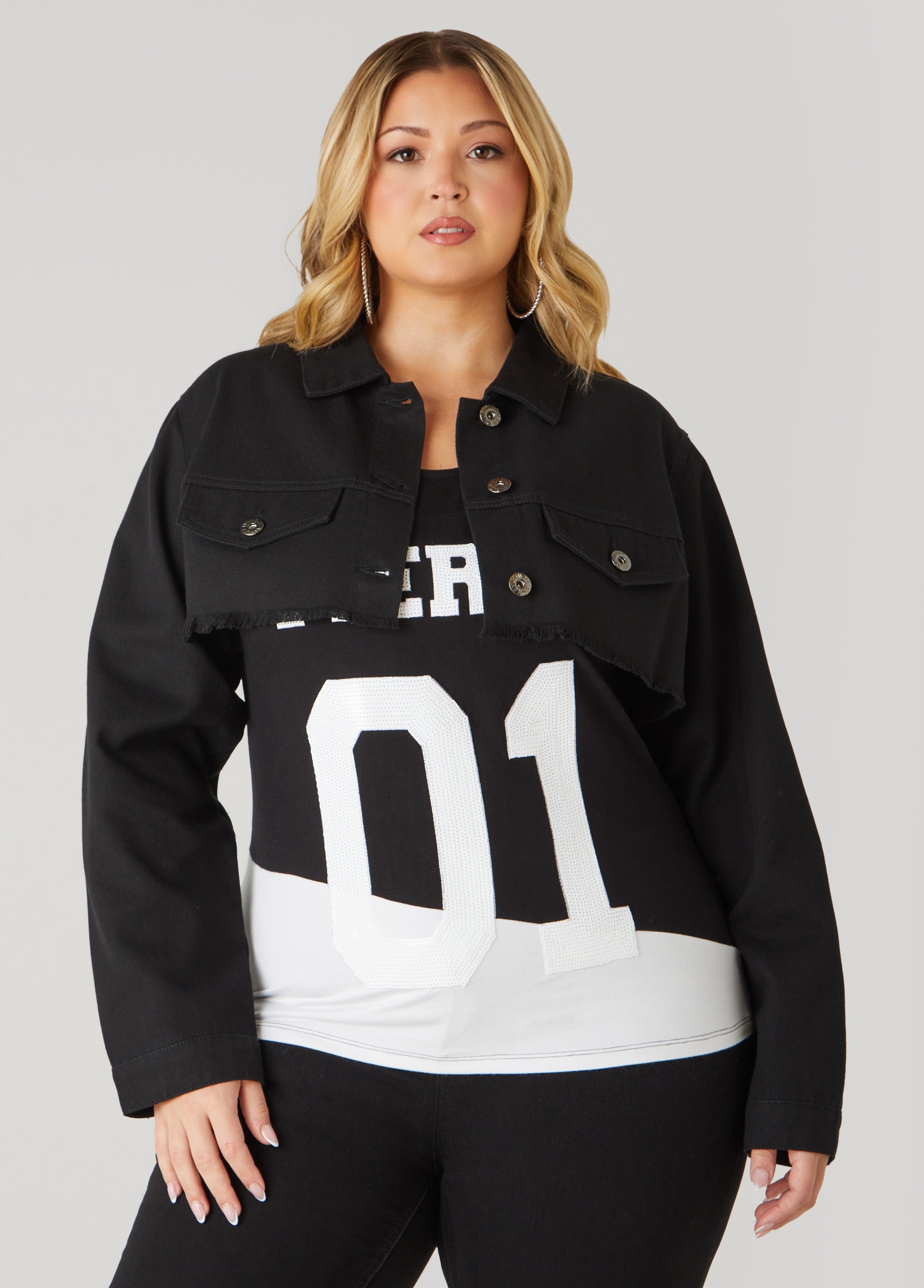 Plus Size Frayed Cropped Denim Jacket