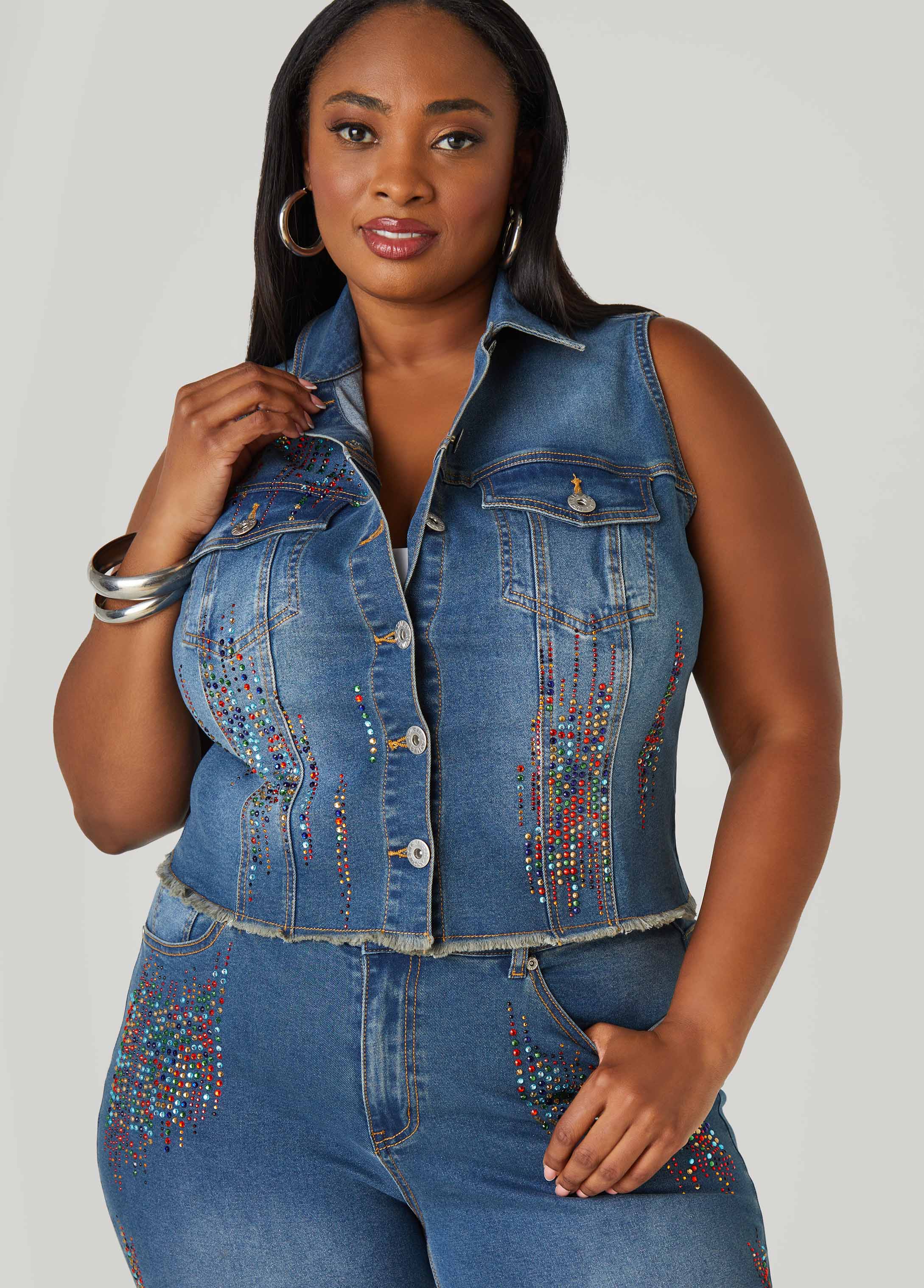 Plus Size Crystal Denim Vest