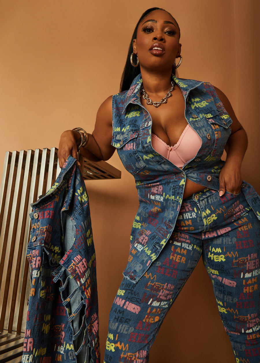 Plus Size I Am Her print denim vest jean gilet two piece matching set	