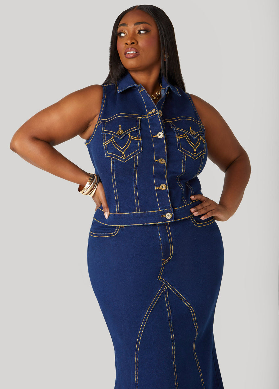 Plus Size Seam Detailed Denim Vest