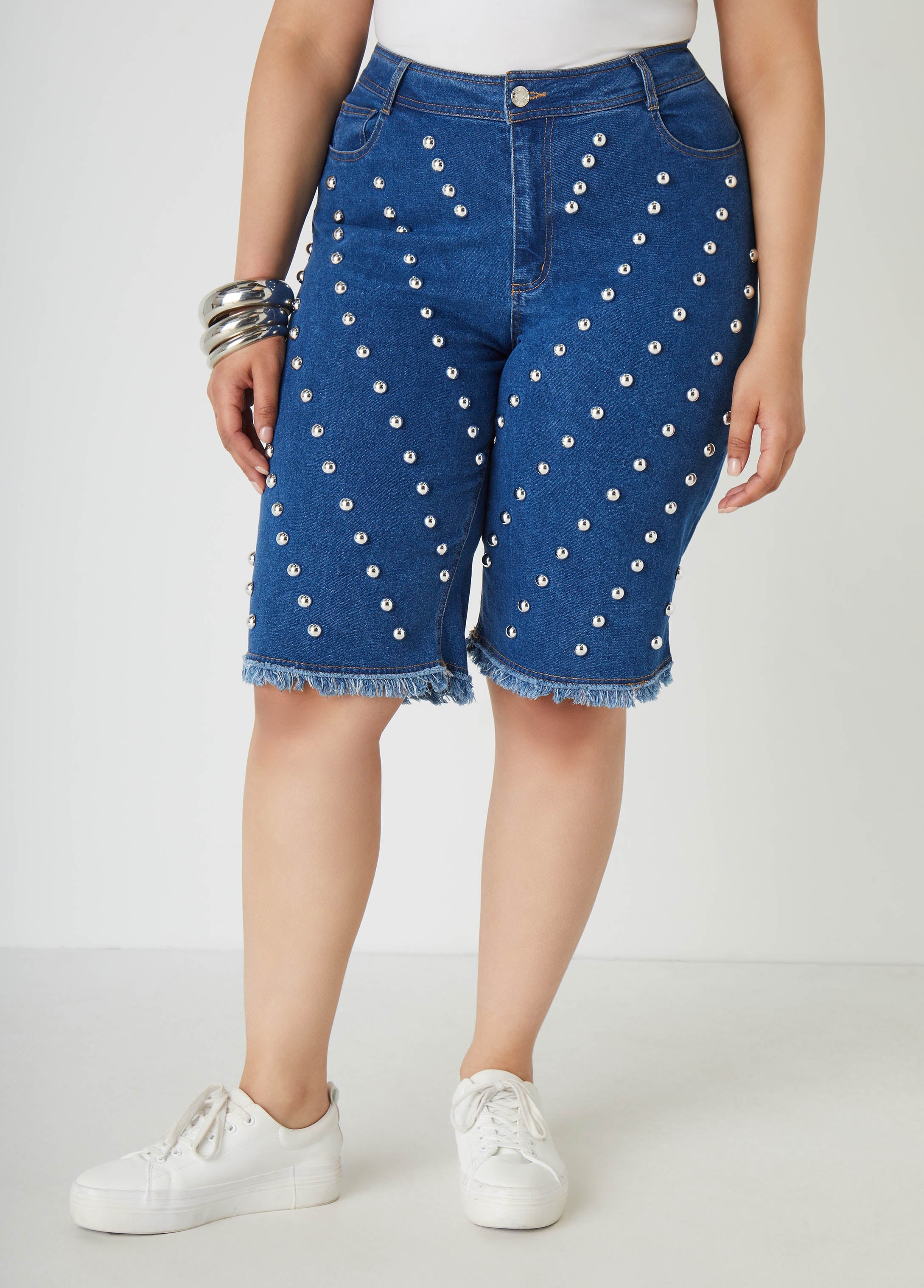 Plus Size Studded Denim Bermuda Shorts