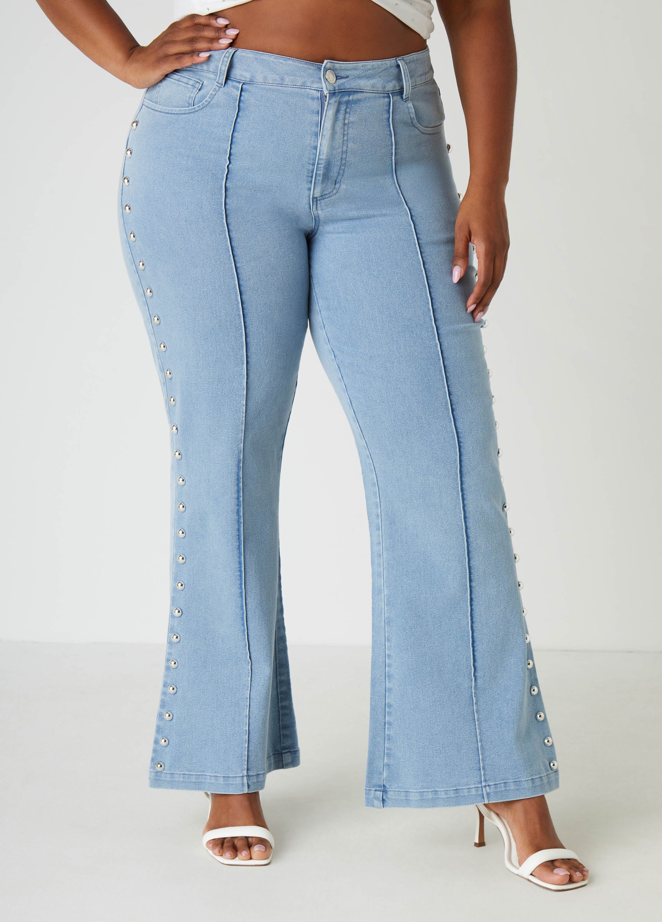 Plus Size Studded High Rise Flared Jeans