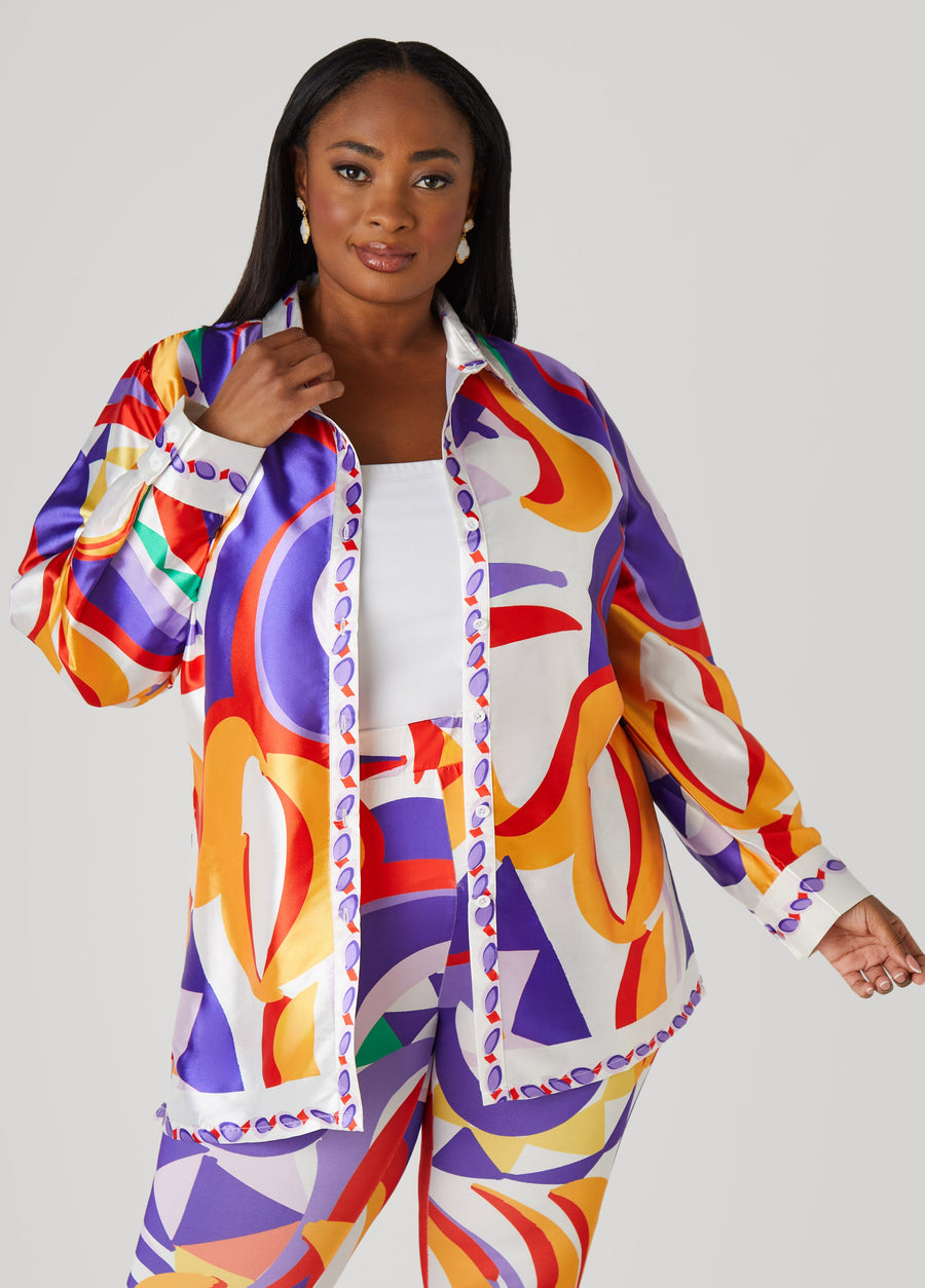 Plus Size Abstract Print Satin Shirt