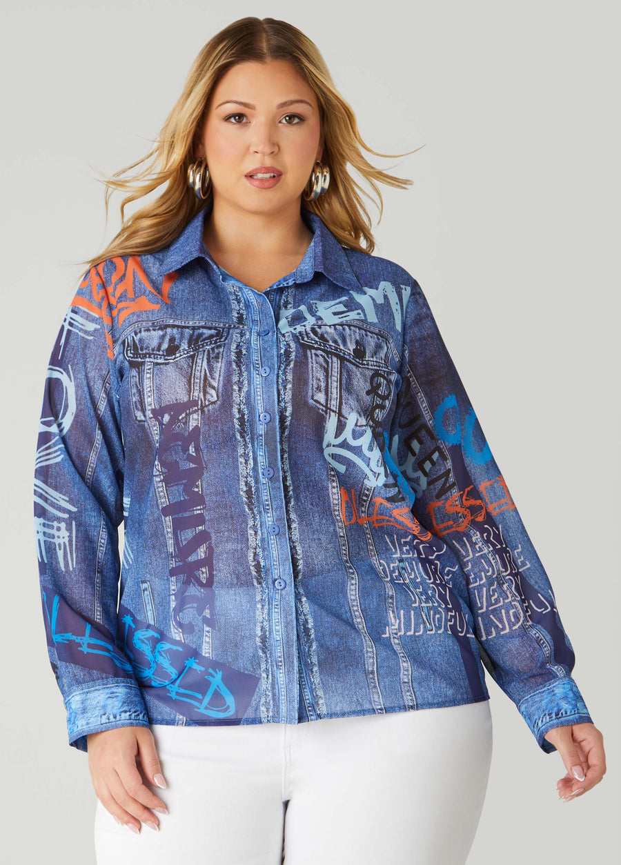 Plus Size Graffiti And Denim Print Shirt