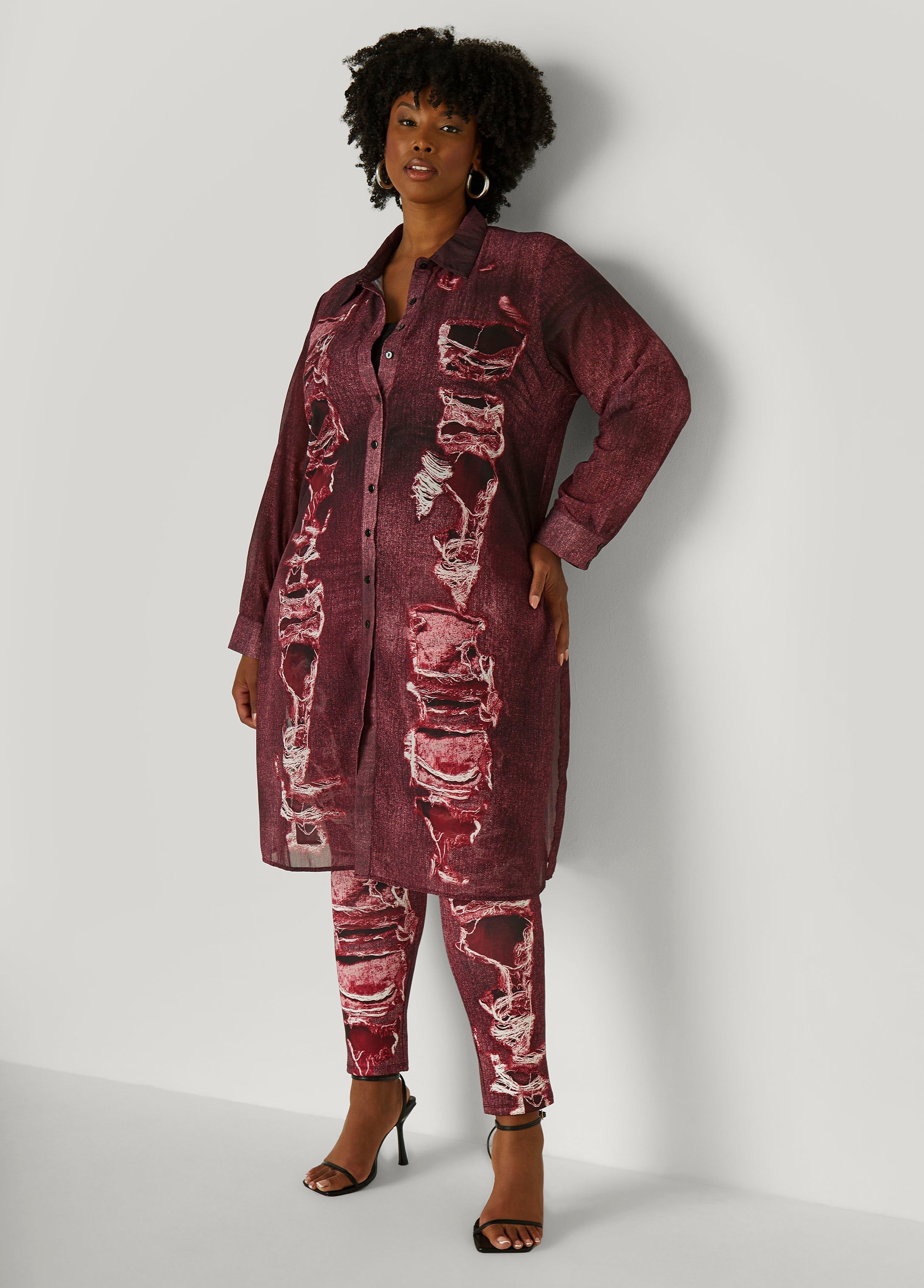 Plus Size Denim Print Duster Shirt