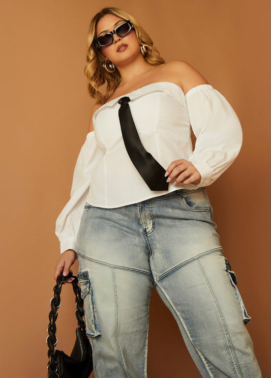 Plus Size tie collared shirt trendy plus size white shirt corset top
