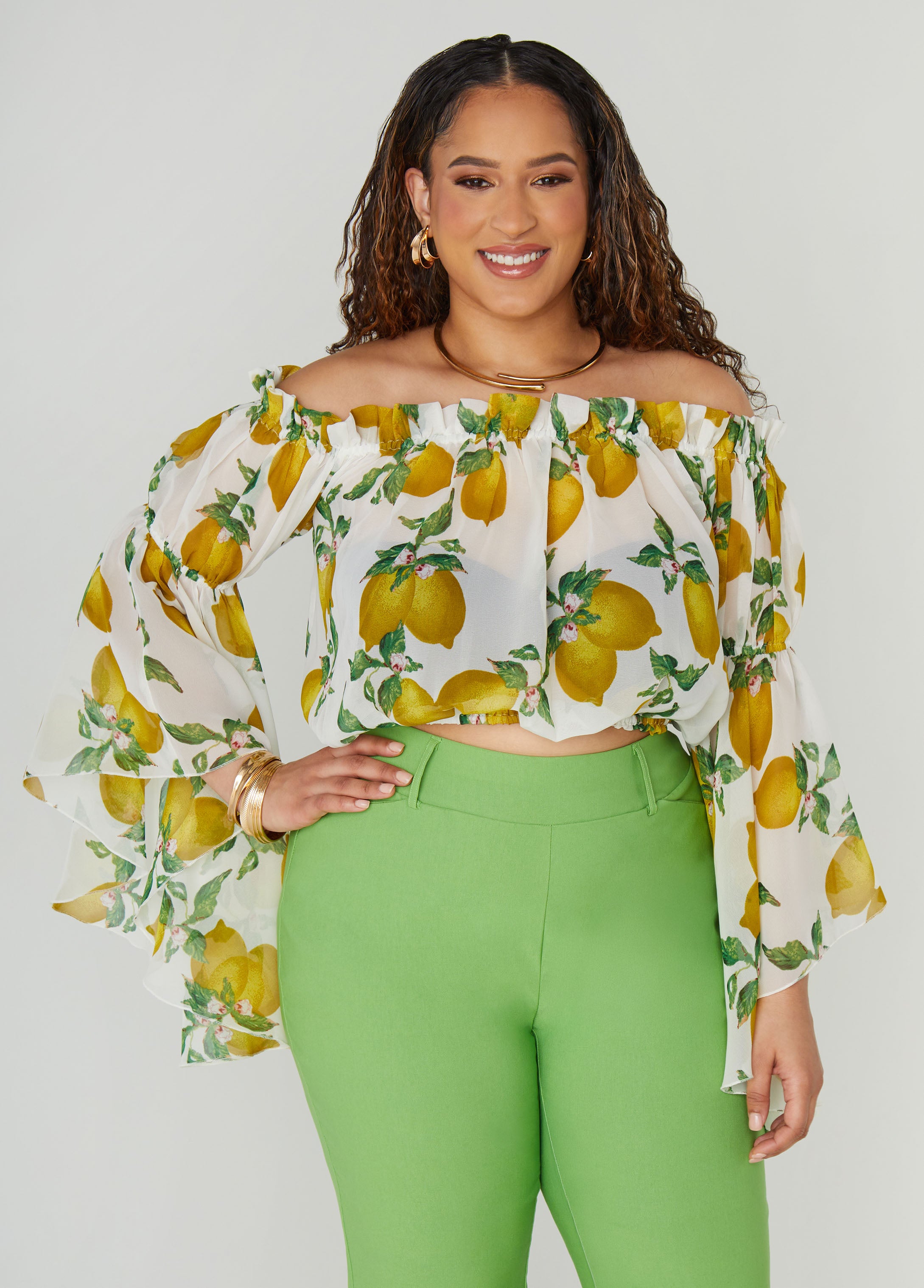 Plus Size Off The Shoulder Lemon Print Top