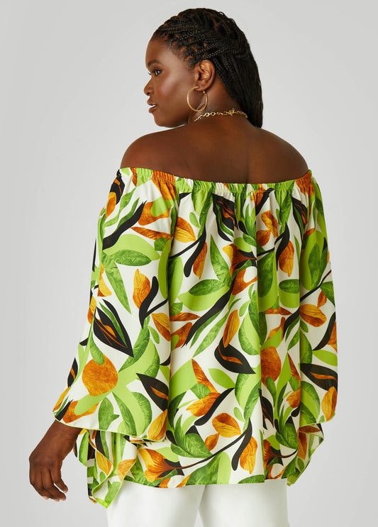 Off The Shoulder Leaf Print Blouse