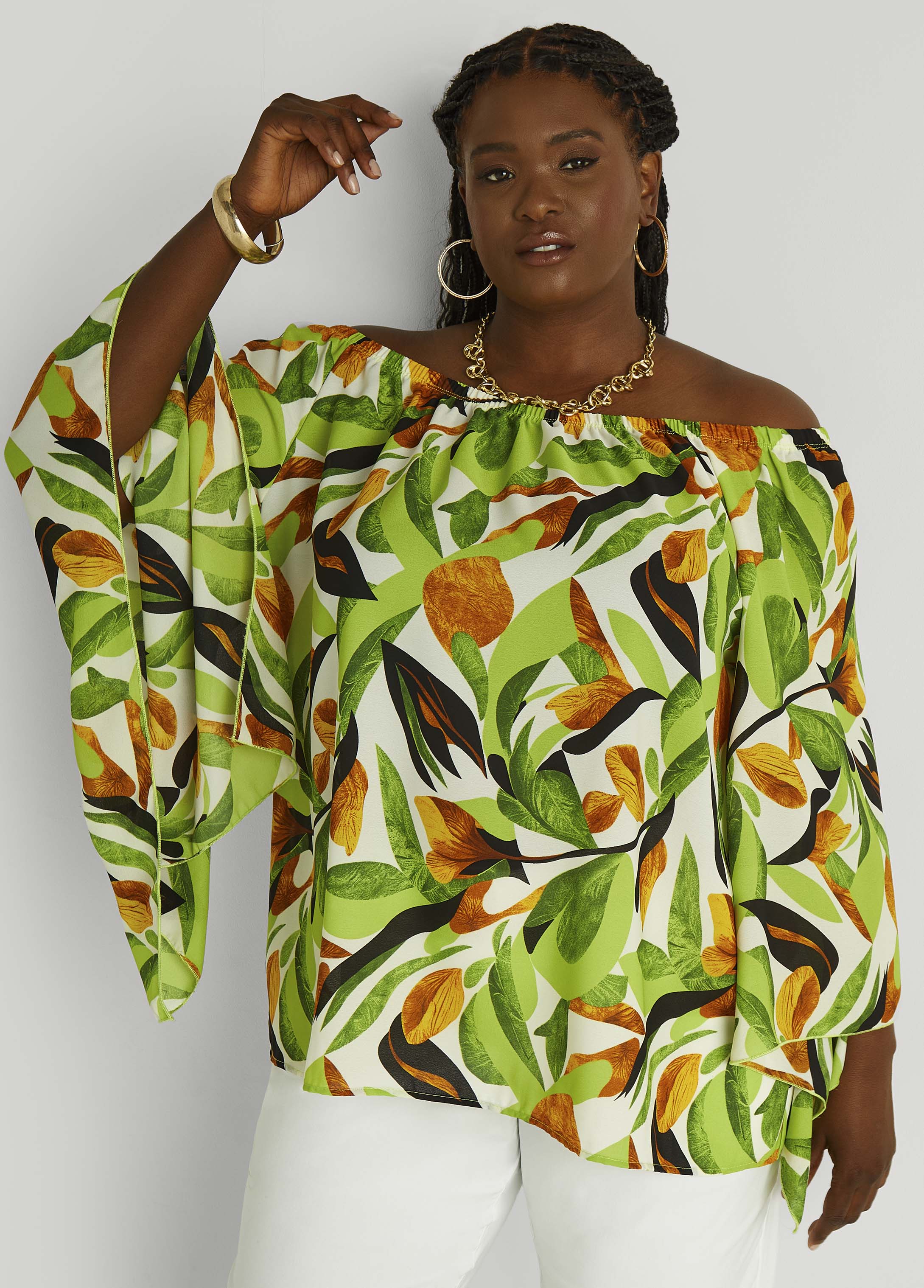 Plus Size Off The Shoulder Leaf Print Blouse
