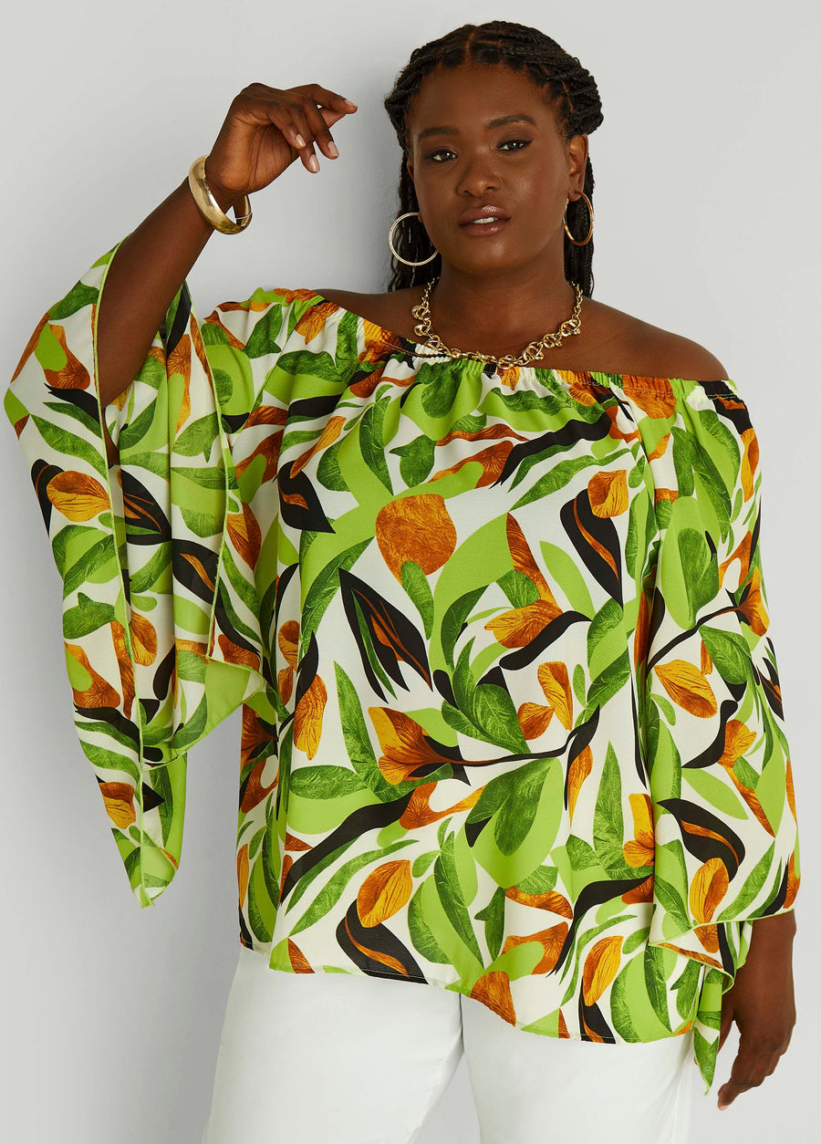 Plus Size Off The Shoulder Leaf Print Blouse