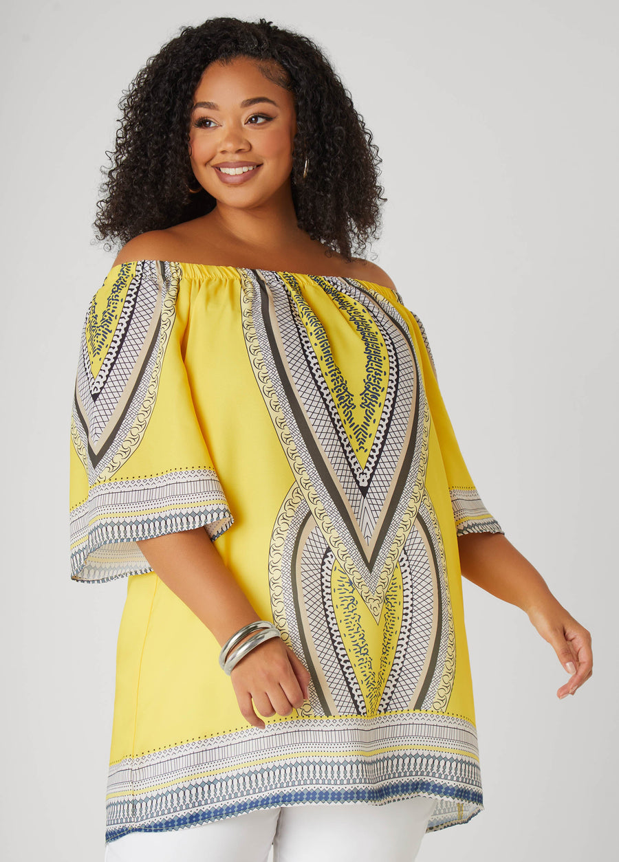 Plus Size Abstract Off The Shoulder Blouse
