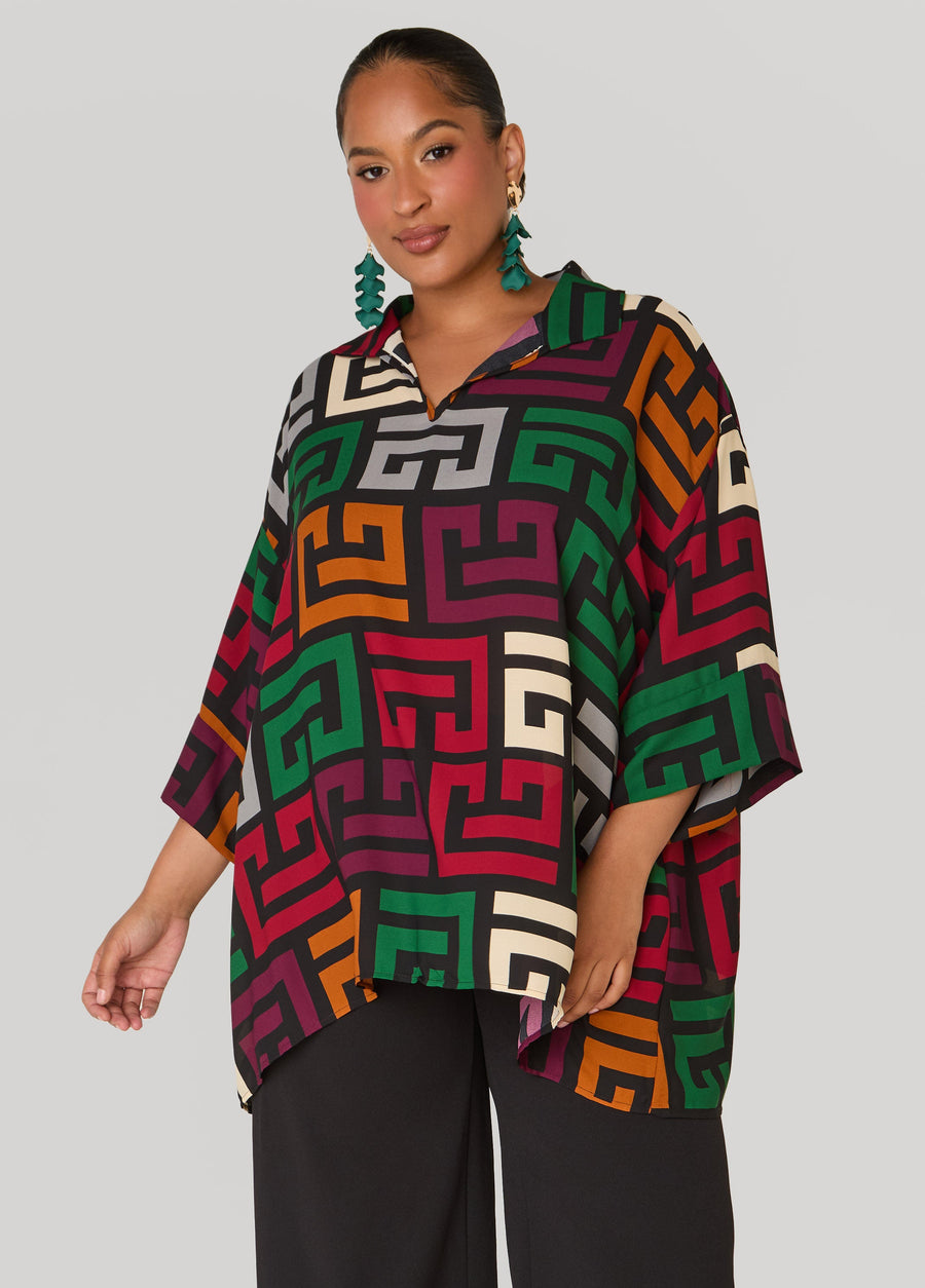 Plus Size Greek Print V Neck Blouse