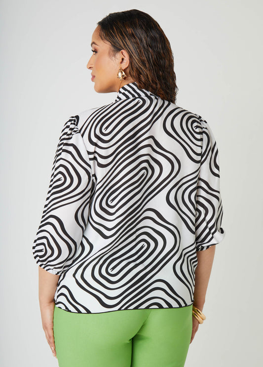 Wavy Print Tie Neck Blouse