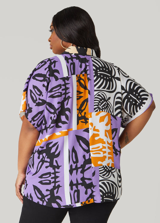 V Neck Tropical Print Shirt