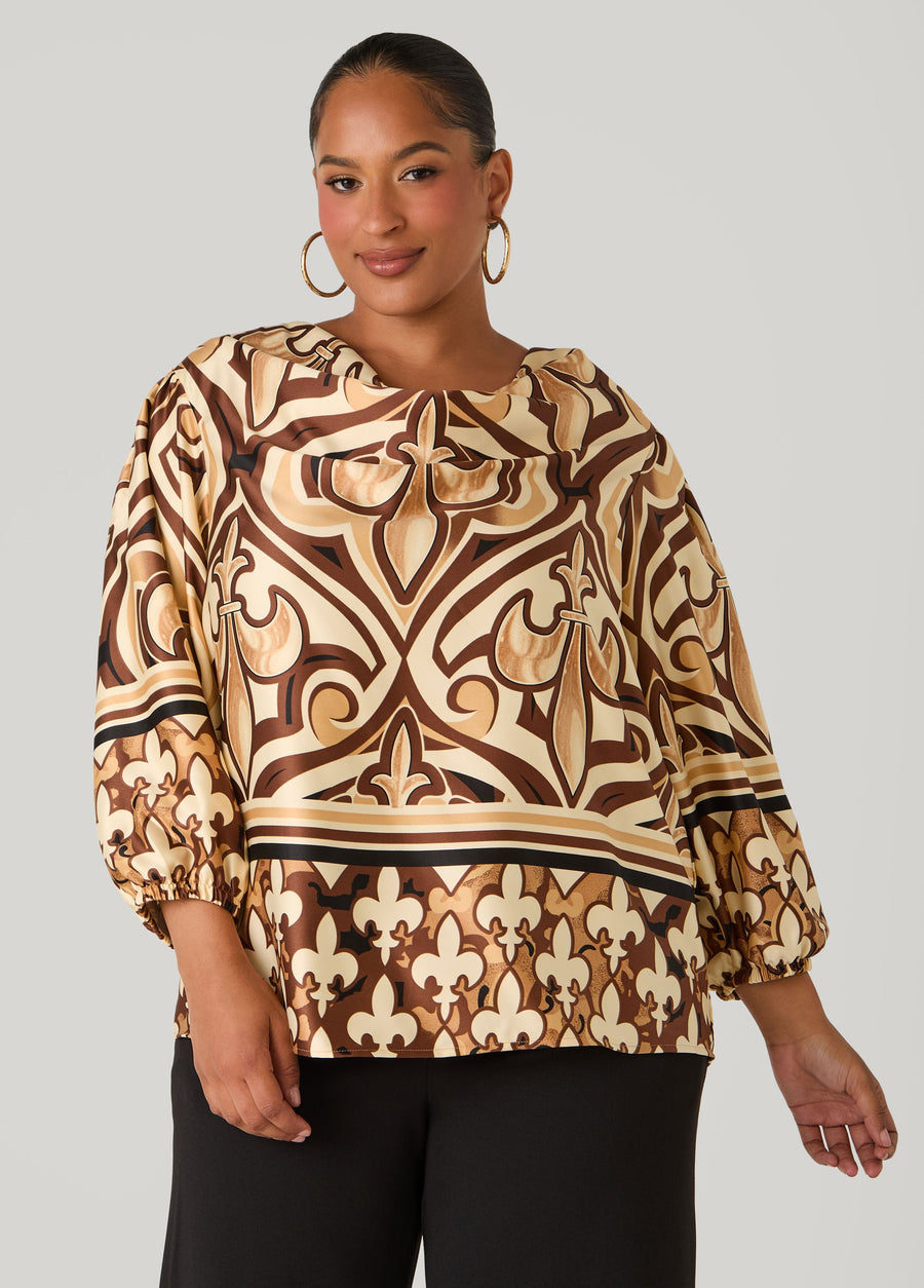 Plus Size Fleur De Lis Cowl Neck Blouse