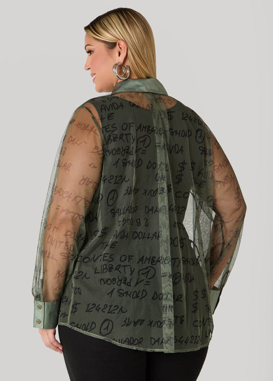 Satin Trimmed Printed Mesh Shirt