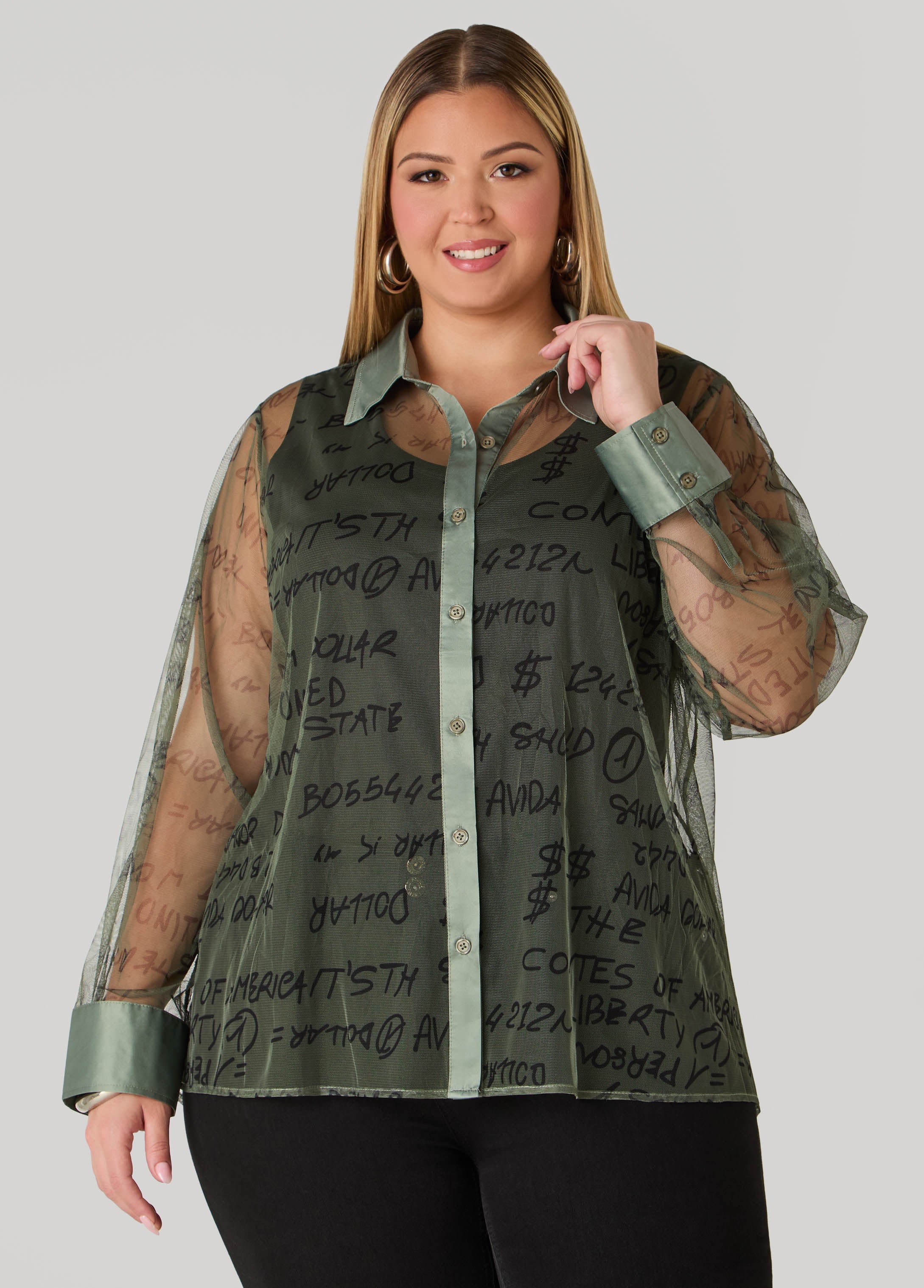 Plus Size Satin Trimmed Printed Mesh Shirt