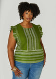 Plus Size Ruffle Trimmed Printed Cotton Top