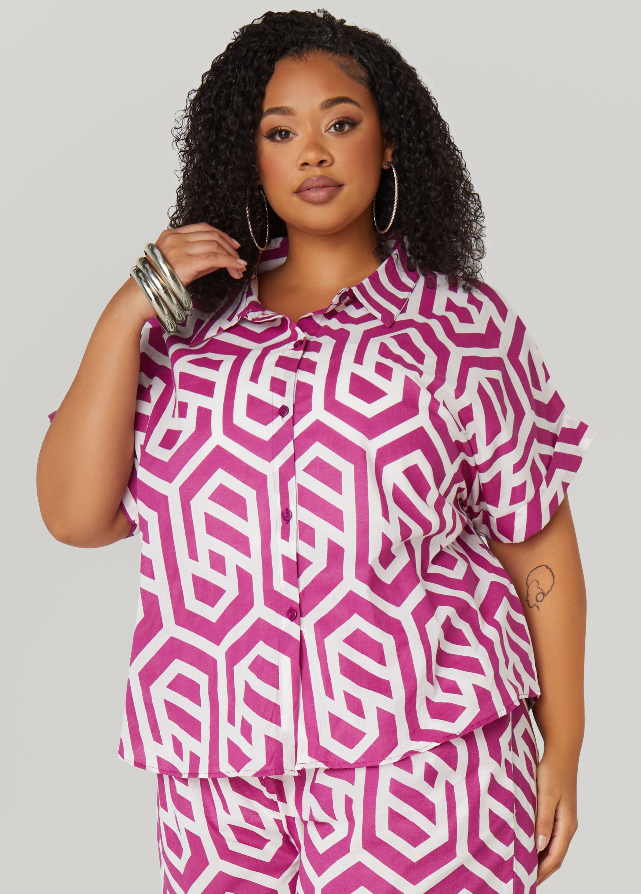 Plus Size Geo Print Cotton Shirt