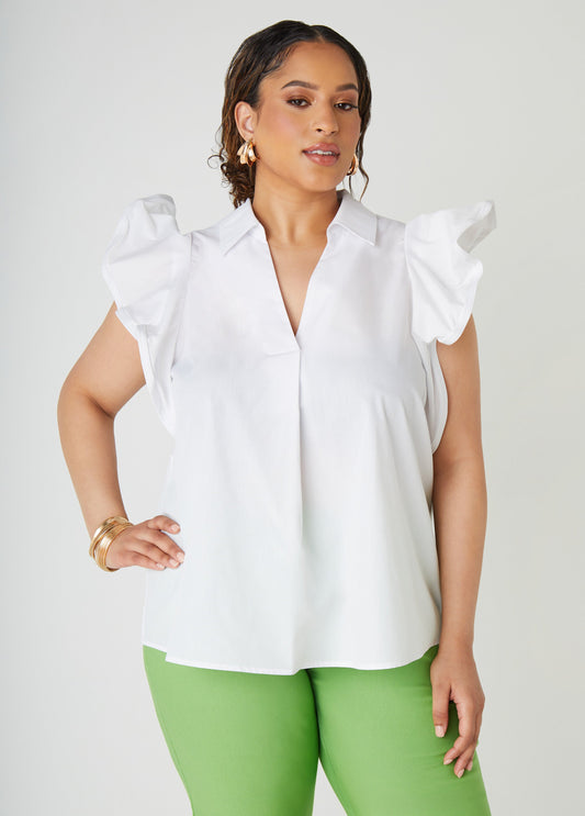 Plus SIze Ruffled Stretch Cotton Shirt