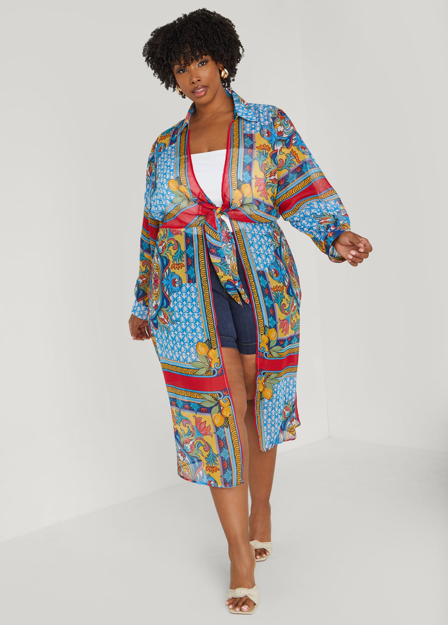 Plus Size Scarf Print Duster