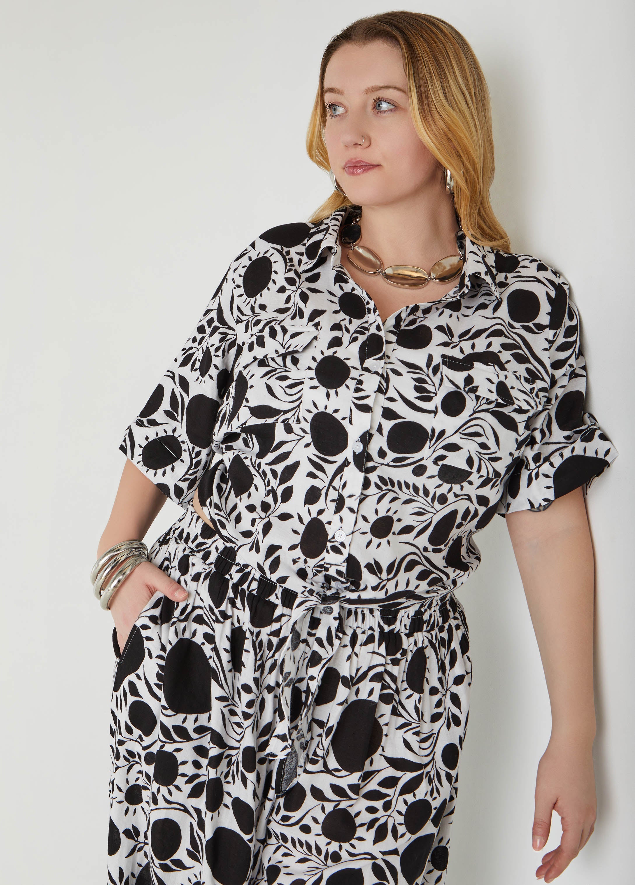 Plus Size Floral Tie Front Cotton Shirt