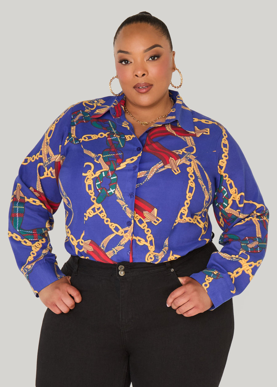 Plus Size Chain Print Cotton Blend Shirt