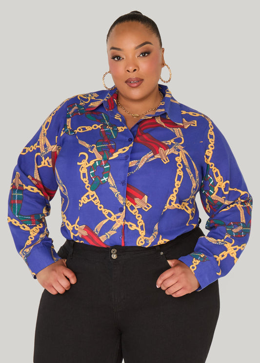 Plus Size Chain Print Cotton Blend Shirt
