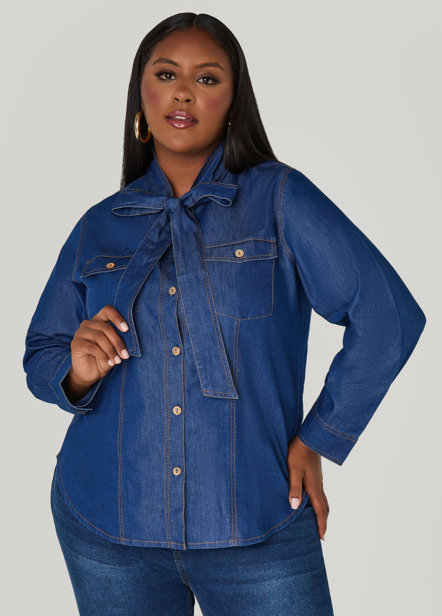 Plus Size Tie Neck Denim Shirt