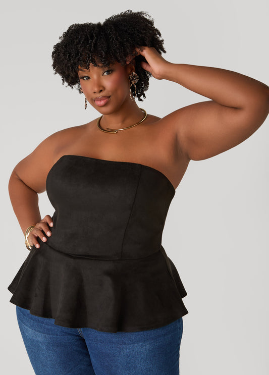 Plus Size Strapless Faux Suede Peplum Top