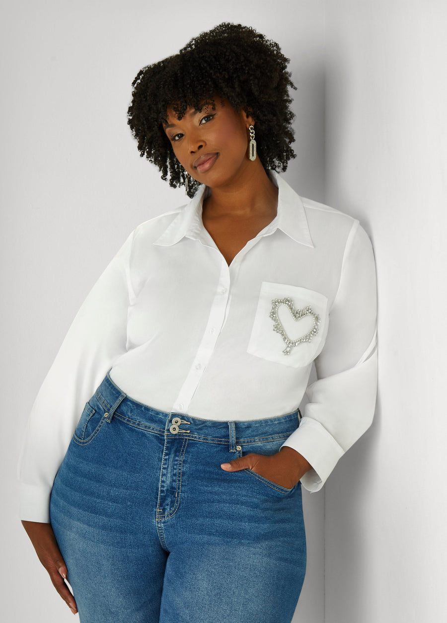 Plus Size Crystal Heart Applique Shirt