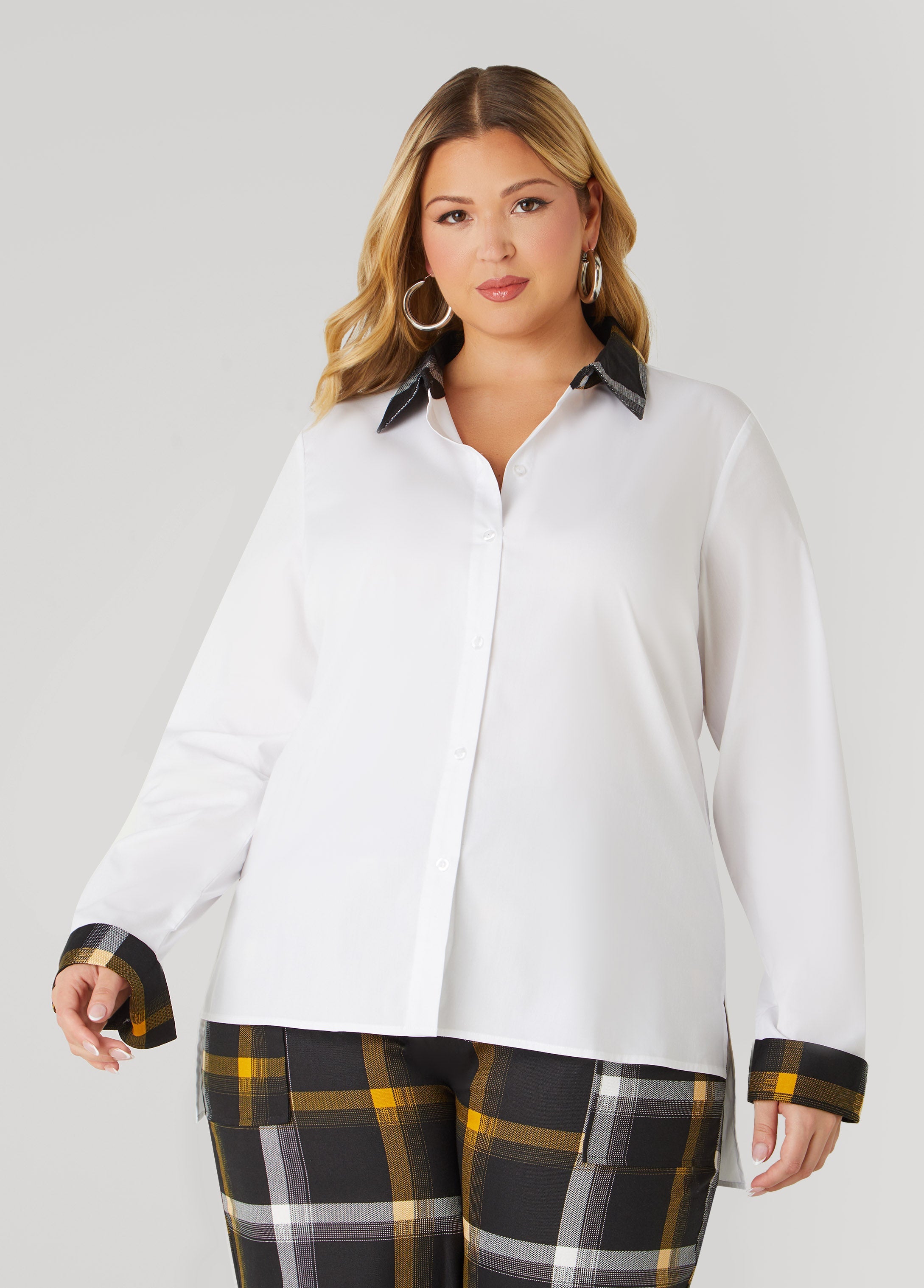 Plus Size Plaid Trimmed Poplin Shirt