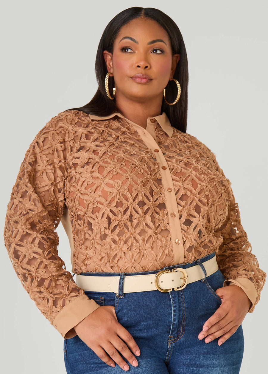 Plus Size Floral Applique Mesh Shirt