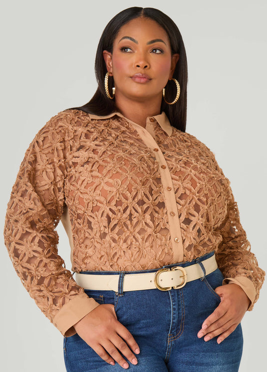 Plus Size Floral Applique Mesh Shirt