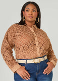 Plus Size Floral Applique Mesh Shirt
