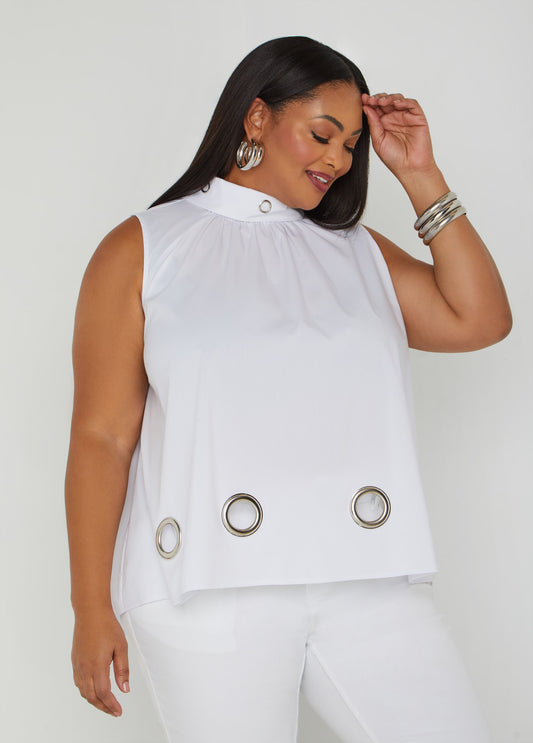 Grommet Embellished Poplin Blouse