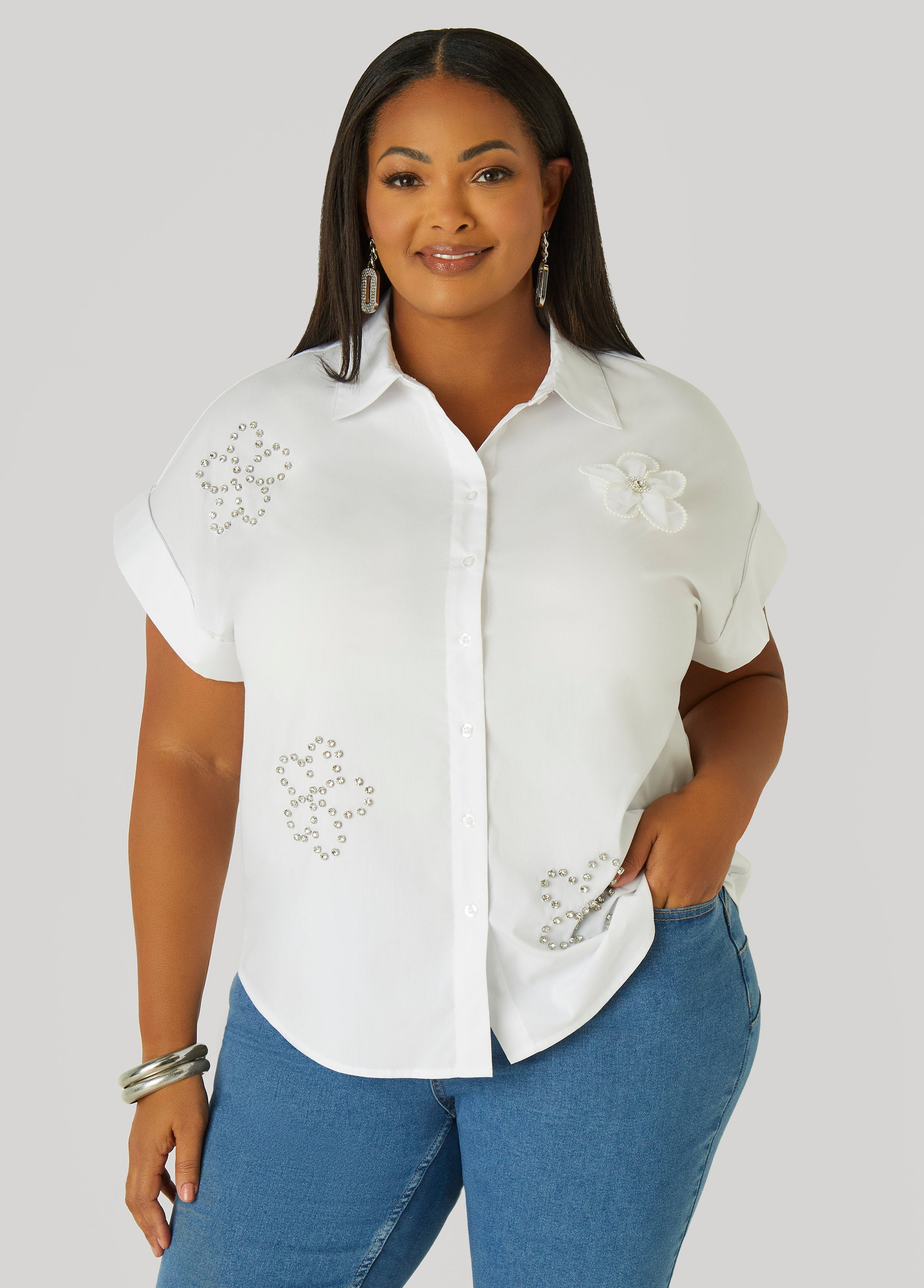 Plus Size Floral Embellished Poplin Shirt