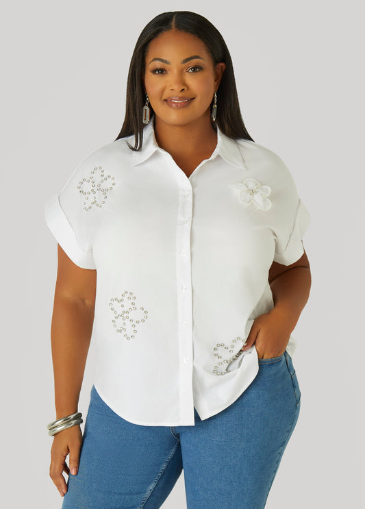 Plus Size Floral Embellished Poplin Shirt