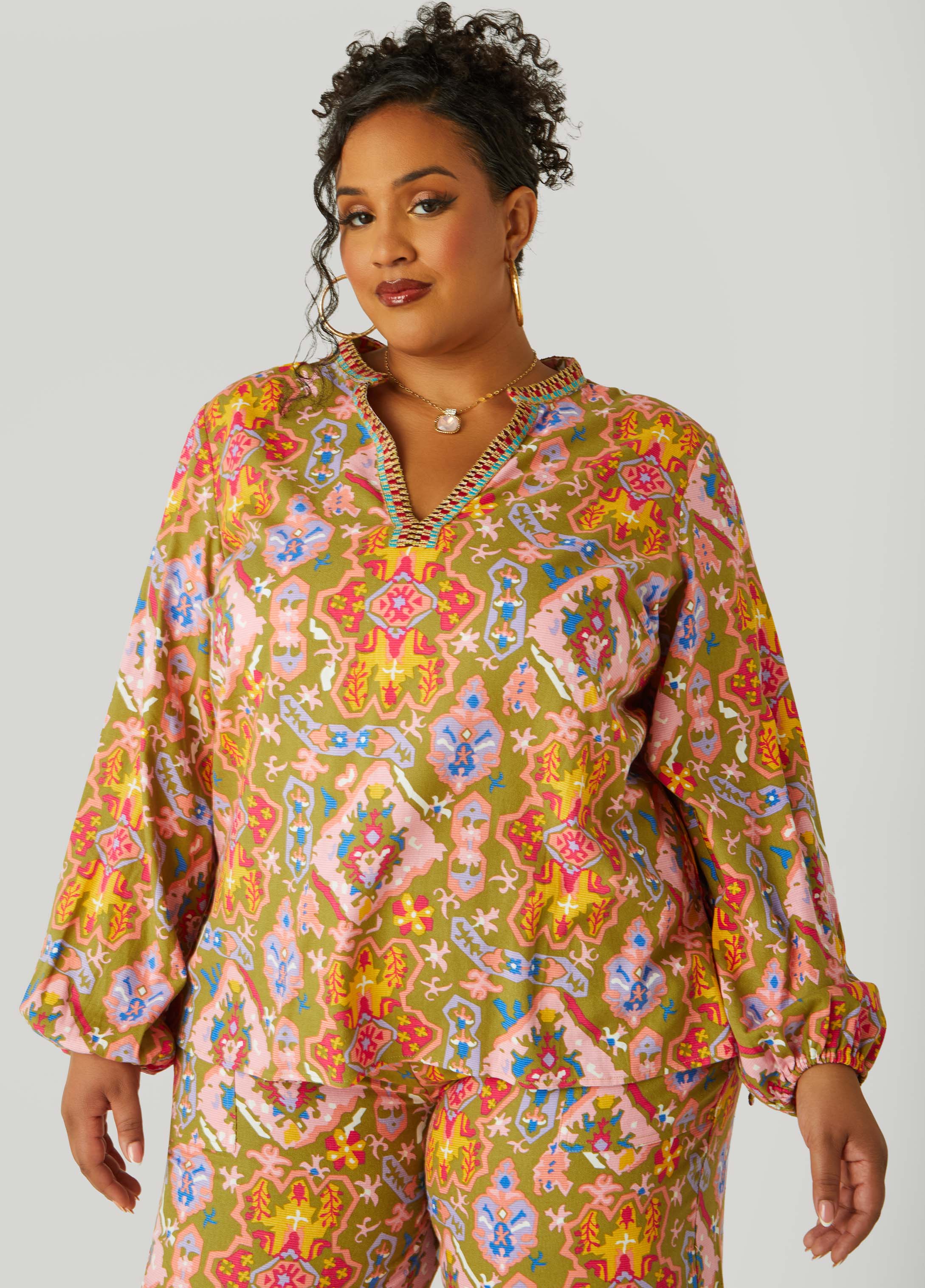 Plus Size Embroidered Abstract Print Top