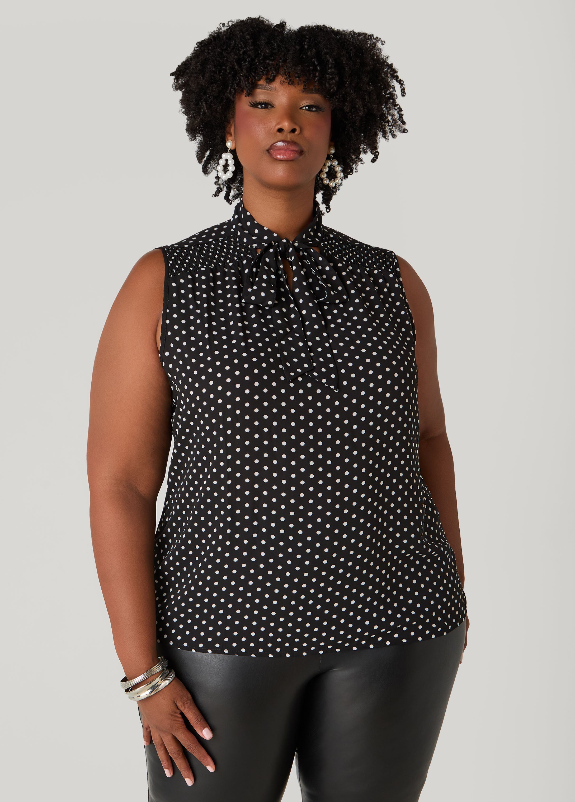 Plus Size Tie Neck Polka Dot Blouse