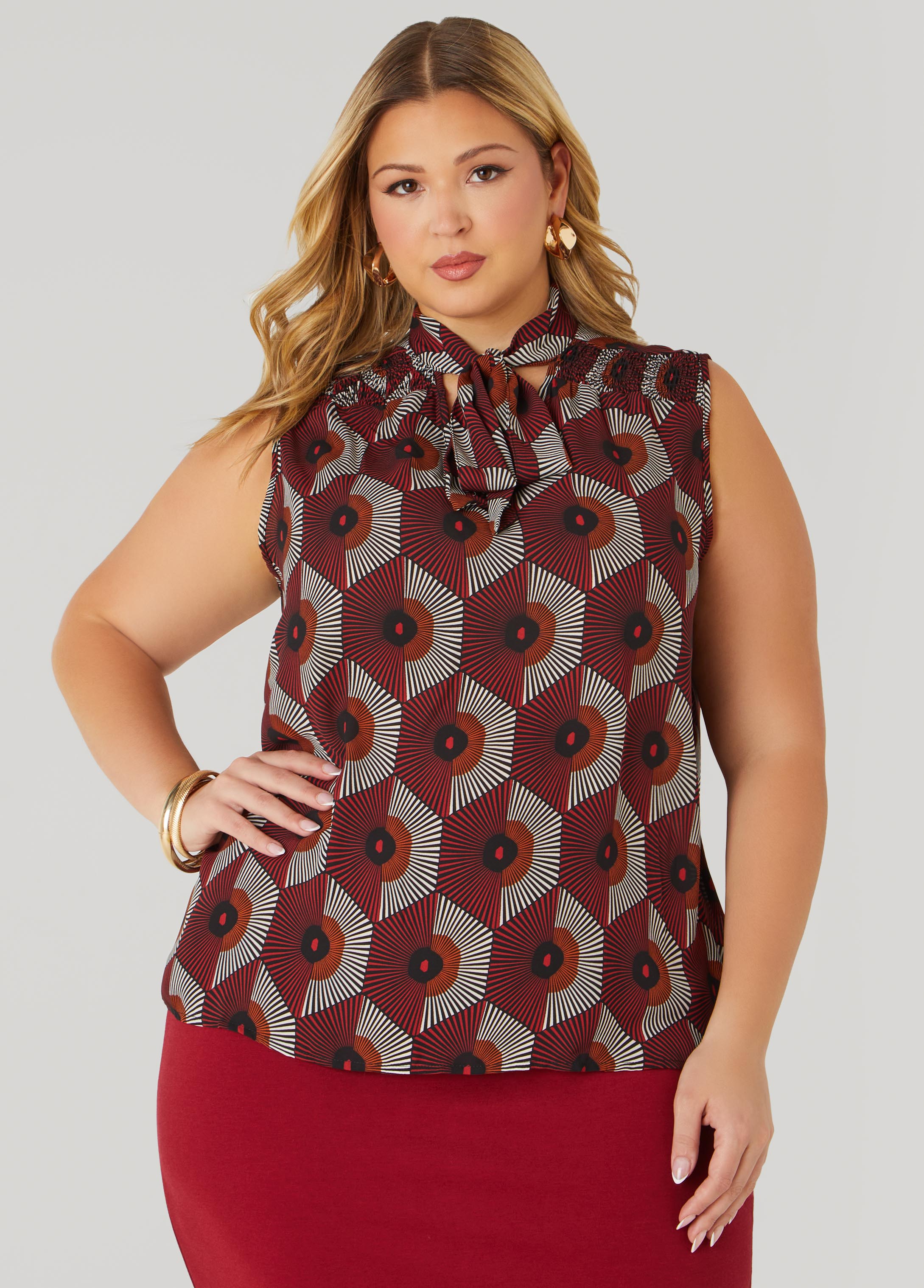 Plus Size Tie Neck Geo Print Blouse