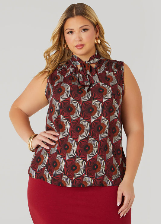 Plus Size Tie Neck Geo Print Blouse