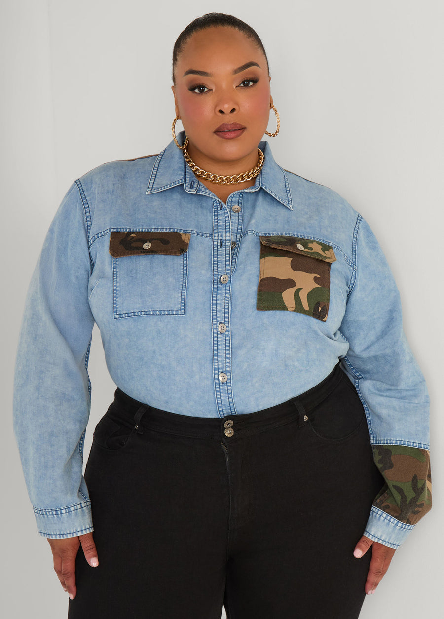 Plus Size Camo Paneled Denim Shirt
