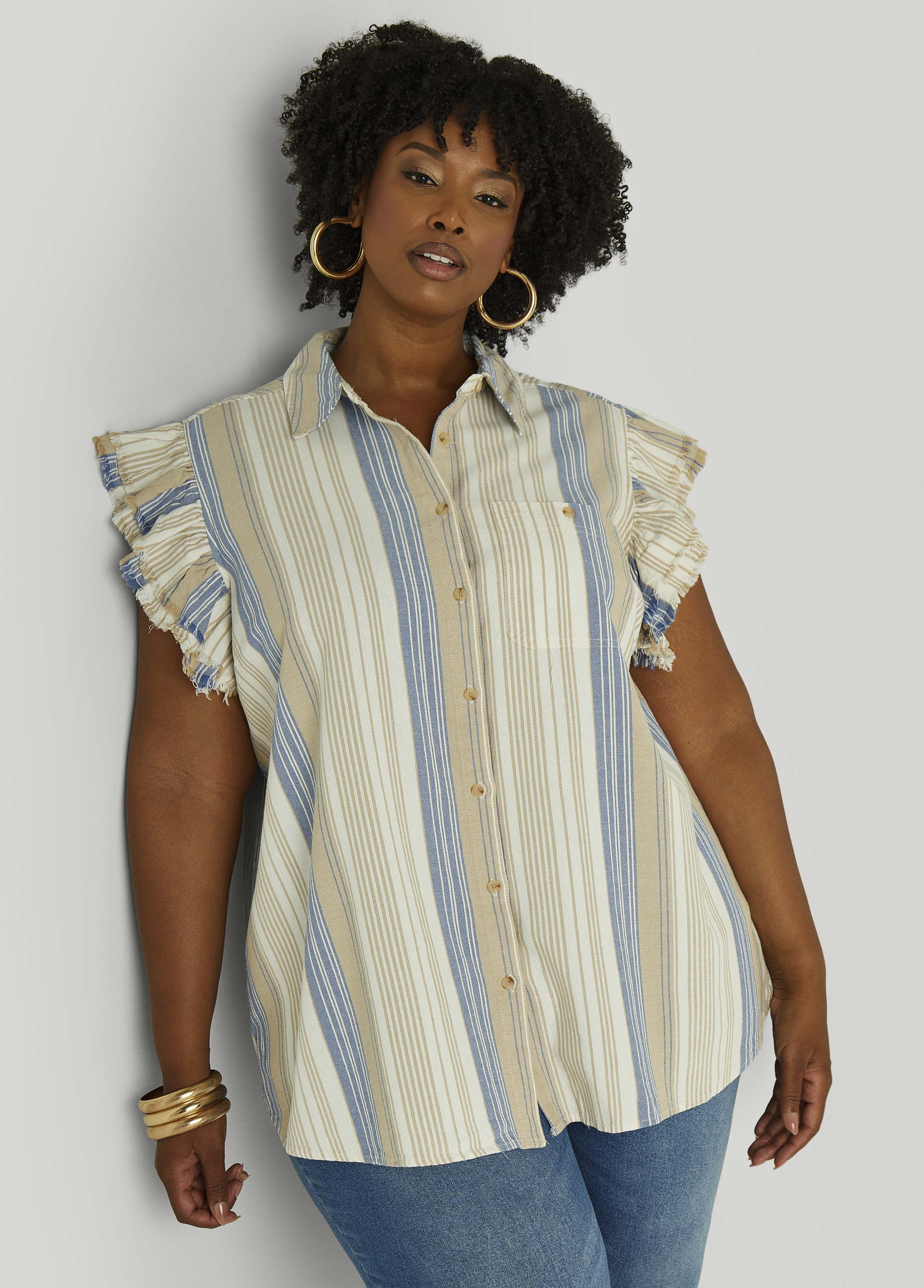 Plus Size Striped Flutter Sleeve Blouse