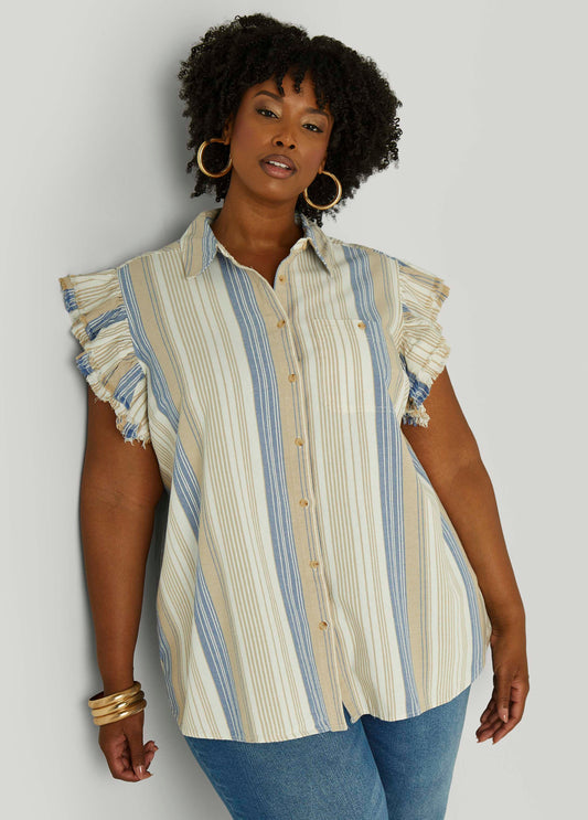 Plus Size Striped Flutter Sleeve Blouse
