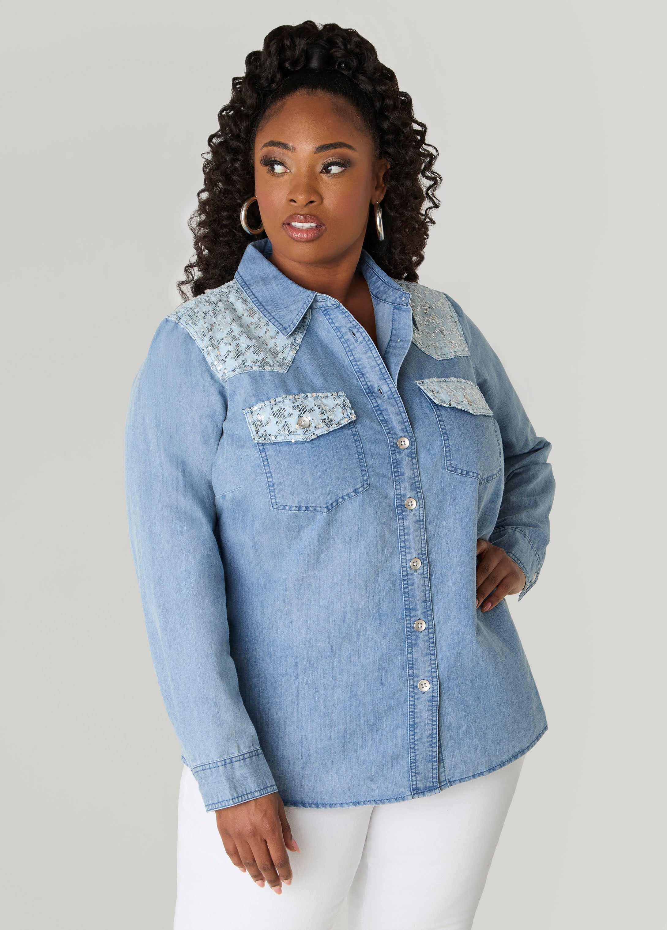 Plus Size Denim Shirt Plus Size Two Tone Jean Shirt Light Wash Denim