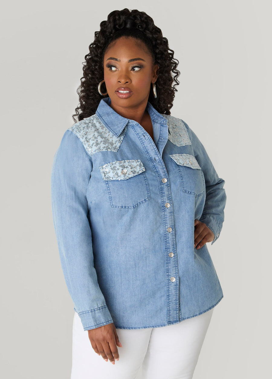 Plus Size Denim Shirt Plus Size Two Tone Jean Shirt Light Wash Denim